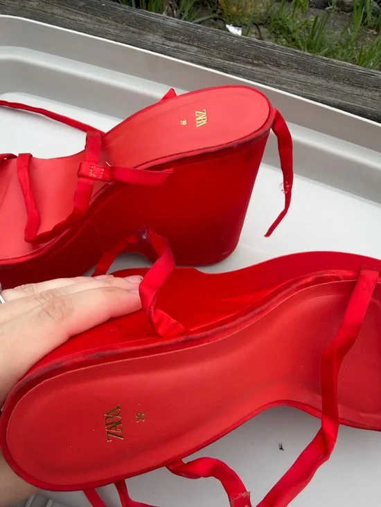 Zara Bright Red Satin Platform Heels - Picture 7 of 10